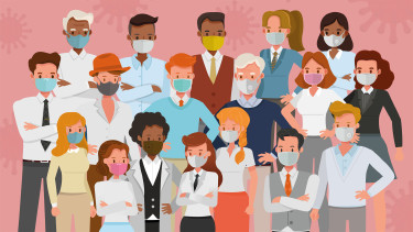Illustration: Gruppe von unterschiedlichen Menschen mit Mund- und Nasenschutzmasken © yindee, stock.adobe.com