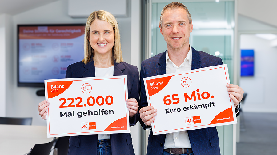 222.000 Mal geholfen und 65 Millionen Euro erkämpft: AK-Direktorin Eva Stöckl und AK-Präsident Peter Eder präsentierten die Jahresbilanz 2024 der AK Salzburg. © AK, Rieger 222.000 Mal geholfen und 65 Millionen Euro erkämpft: AK-Direktorin Eva Stöckl und AK-Präsident Peter Eder präsentierten die Jahresbilanz 2024 der AK Salzburg.