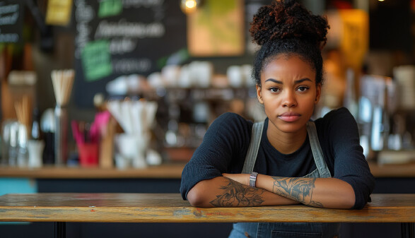 Junge m&uuml;de Kellnerin in einem Lokal