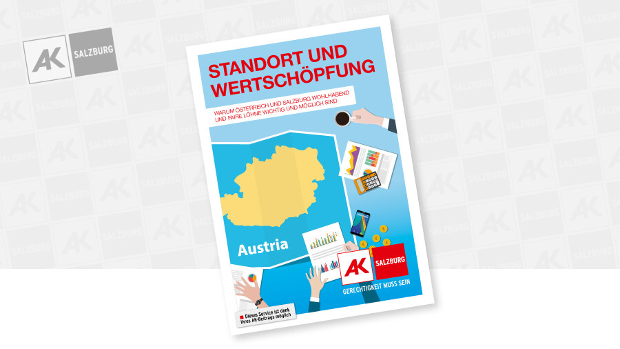 Ansicht der Brosch&uuml;re Standort und Wertsch&ouml;pfung was eine &Ouml;sterreichlandkarte und kalkulierende Materialien zeigt