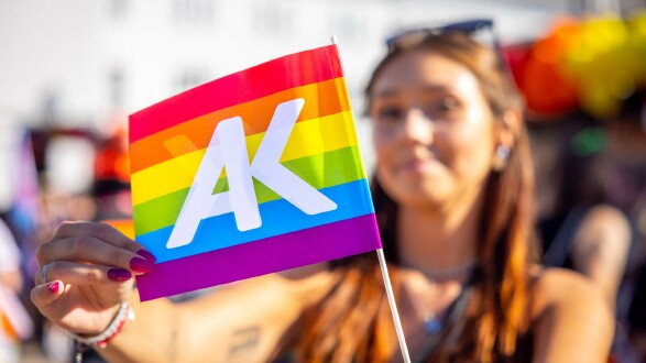 Frau hält Regenbogenfahne mit AK-Logo © Rieger, AK Pride Parade Salzburg